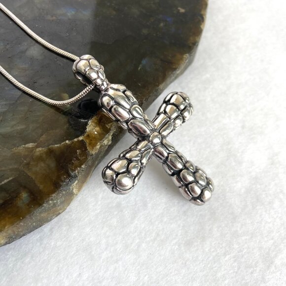 Sterling Silver 925 RB Chunky Pebbled Dot Pattern Cross Pendant Necklace 24" - Picture 5 of 16